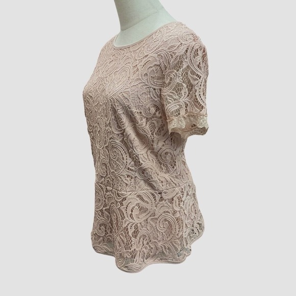 Adrianna Papell Women's Latte Lace Overlay Peplum Blouse Top Size M Beige - Picture 4 of 12